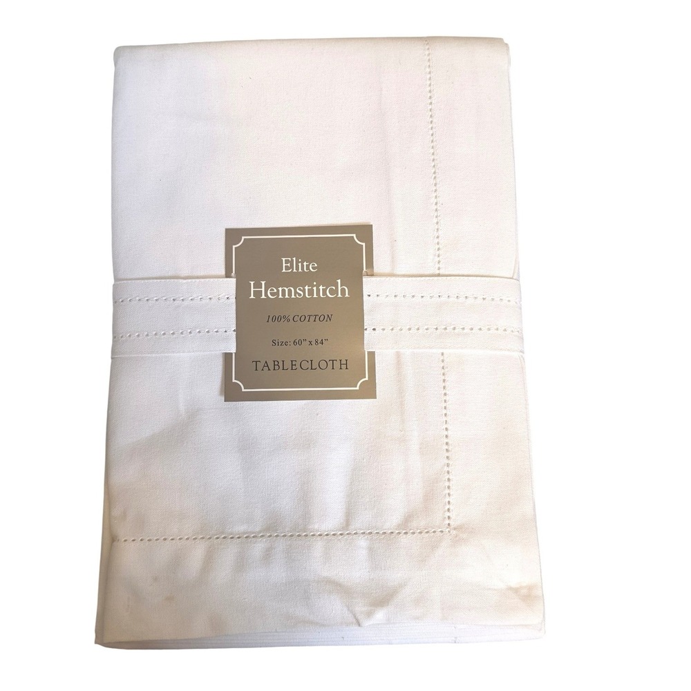 Elite Hemstitch White 100% Cotton Rectangular Tablecloth 60 x 84 NWT **spots*
